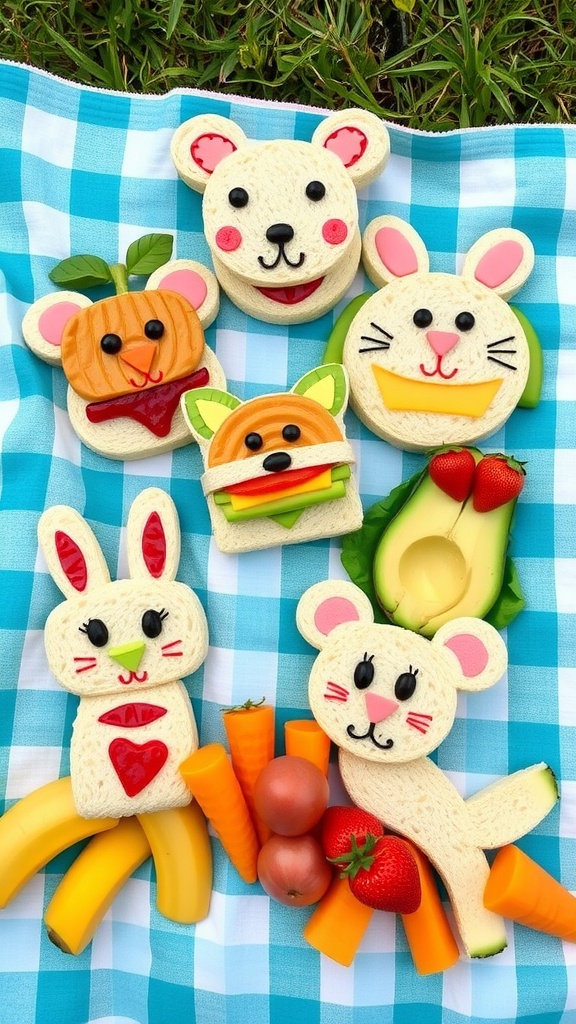 An assortment of playful sandwiches for kids, cut into fun shapes, with fruits and veggies on a picnic blanket.
